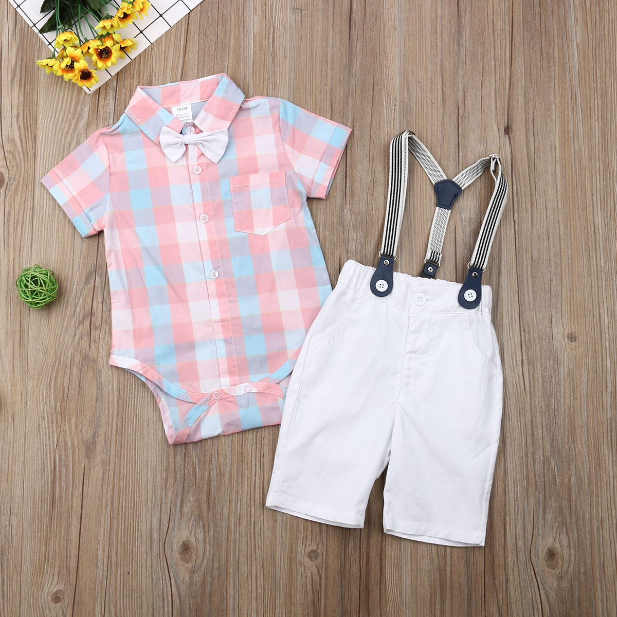 Pink blue plaid shirt with white shorts and suspenders - Image 2