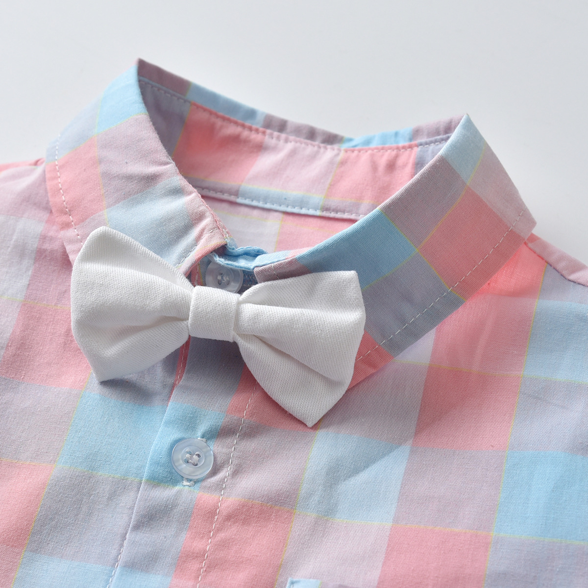 Pink blue plaid shirt with white shorts and suspenders - Image 7