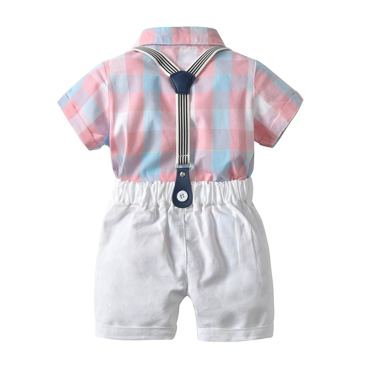 Pink blue plaid shirt with white shorts and suspenders - Image 3