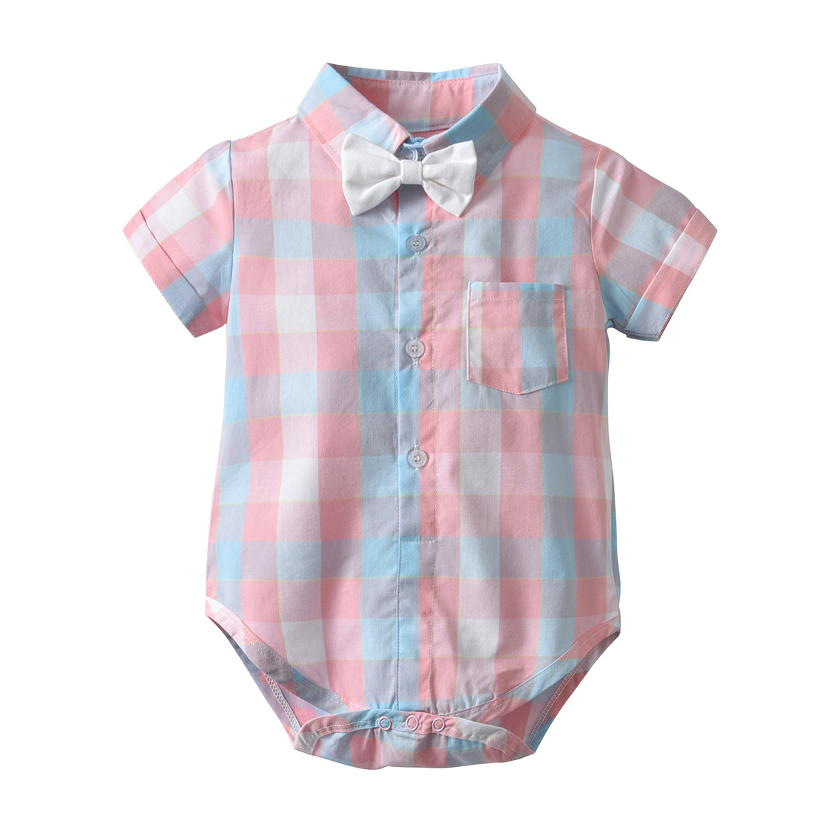 Pink blue plaid shirt with white shorts and suspenders - Image 4