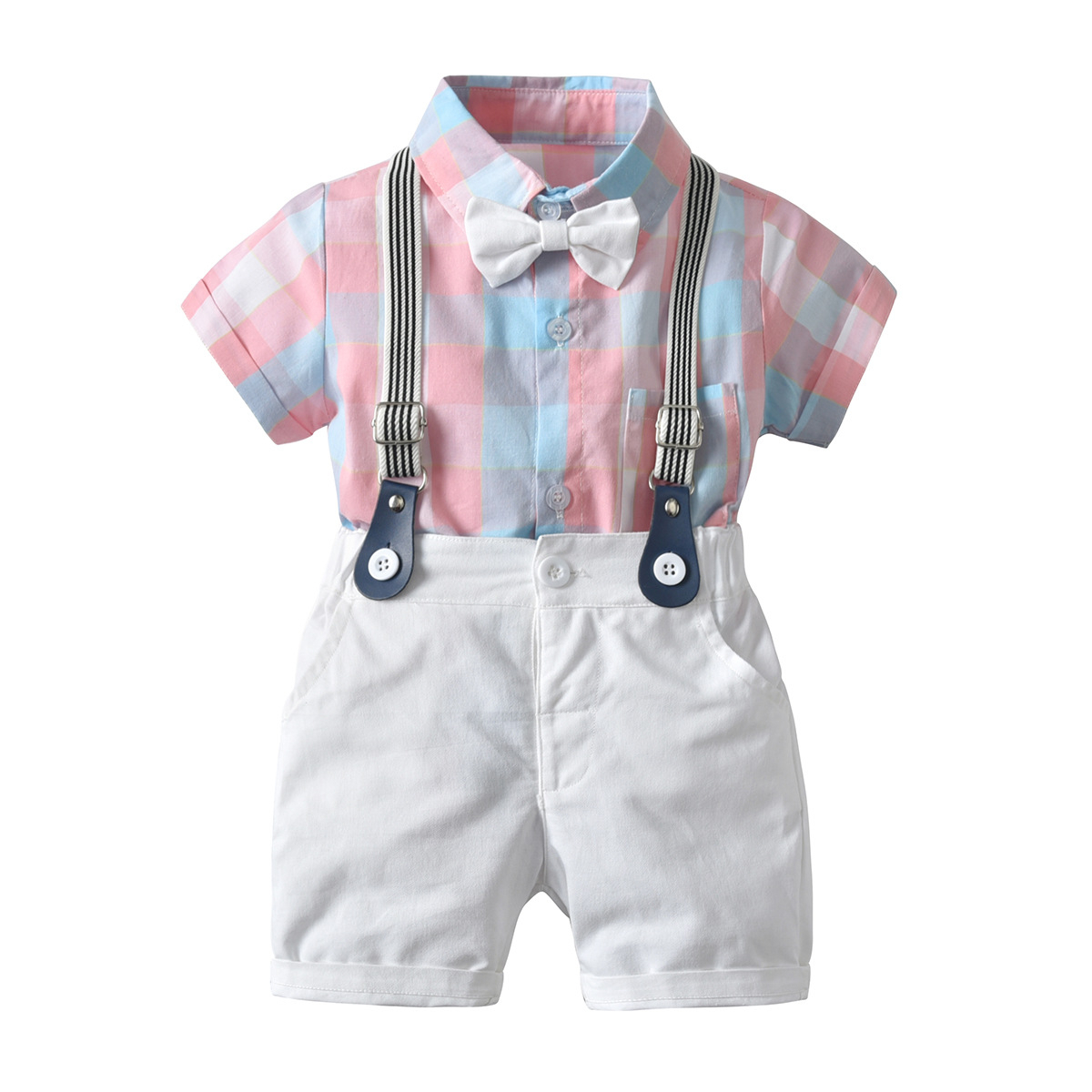 Pink blue plaid shirt with white shorts and suspenders - Image 5