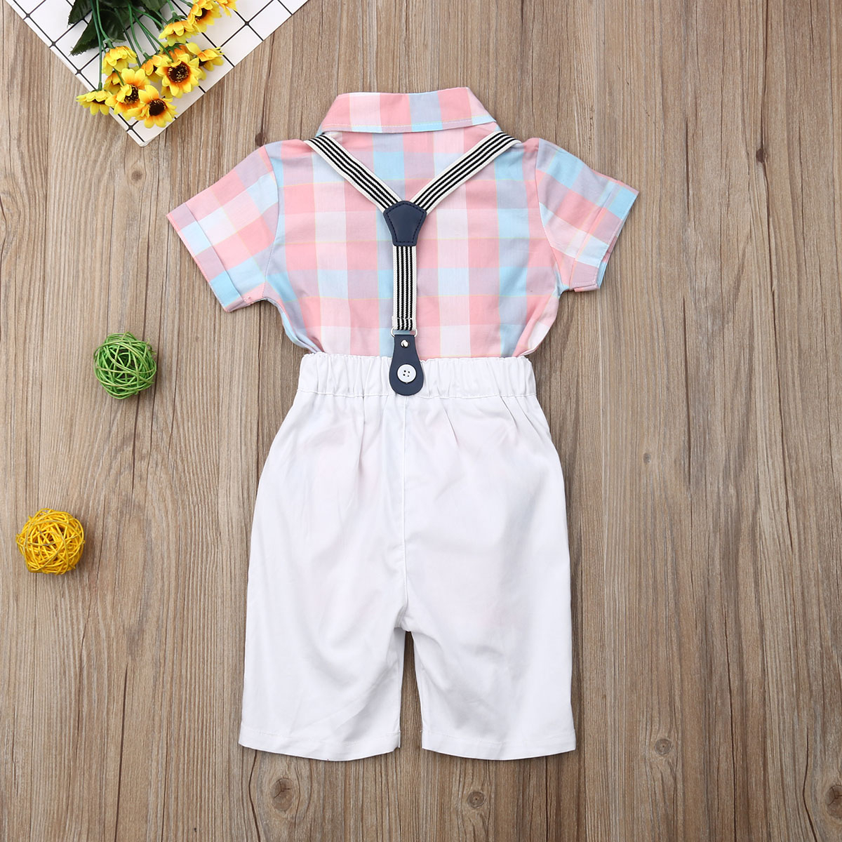 Pink blue plaid shirt with white shorts and suspenders - Image 6