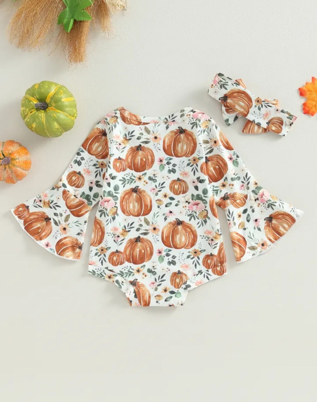 Floral Pumpkin Romper with Bell Sleeves and Headband - Image 4
