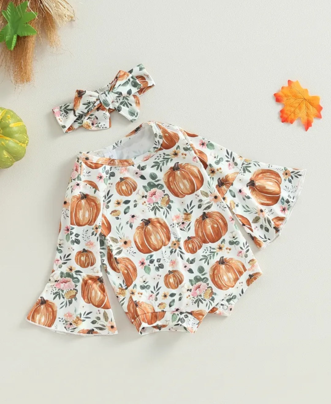 Floral Pumpkin Romper with Bell Sleeves and Headband - Image 3