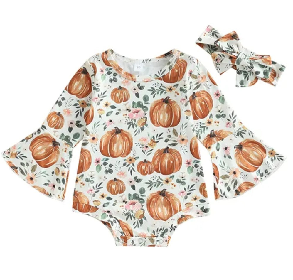 Floral Pumpkin Romper with Bell Sleeves and Headband - Image 2