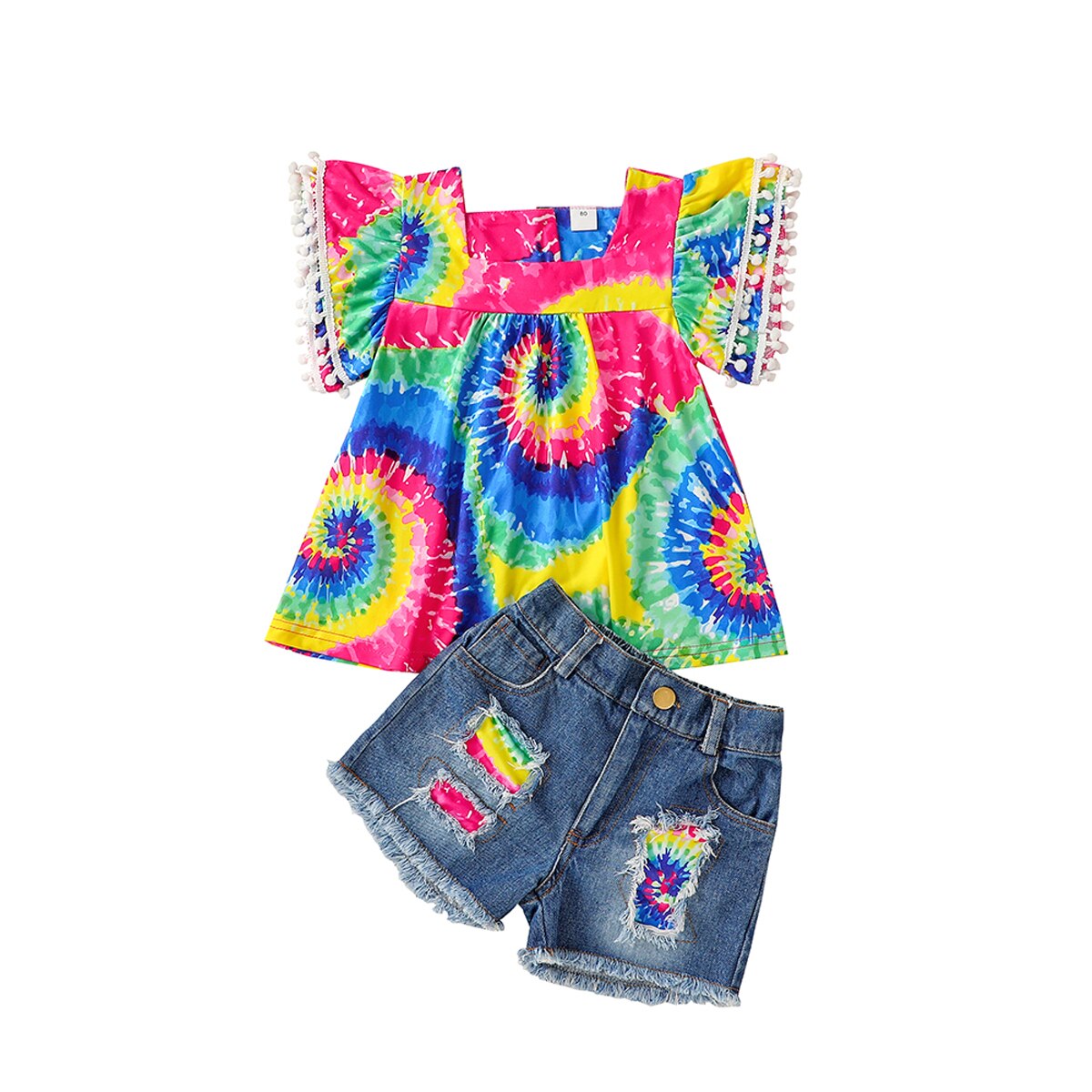 Tie dye pom pom flare top with matching denim shorts(6-7y)
