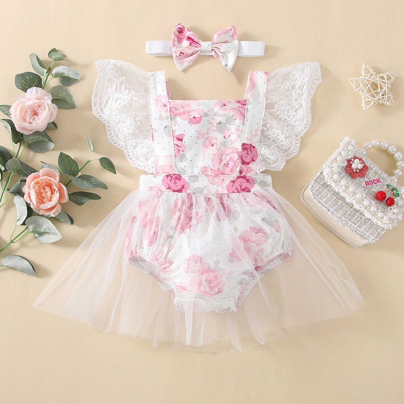 Beautiful soft pink rose romper with matching headband - Image 2