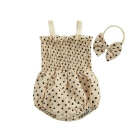 Elegant beige romper with black suede flower and matching headband