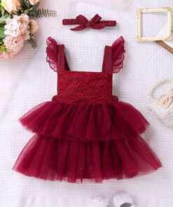 Maroon Multi-Layered Mesh Ruffle Romper and Headband