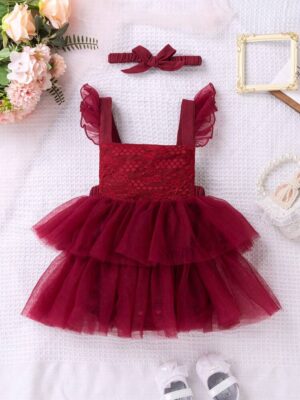 Maroon Multi-Layered Mesh Ruffle Romper and Headband