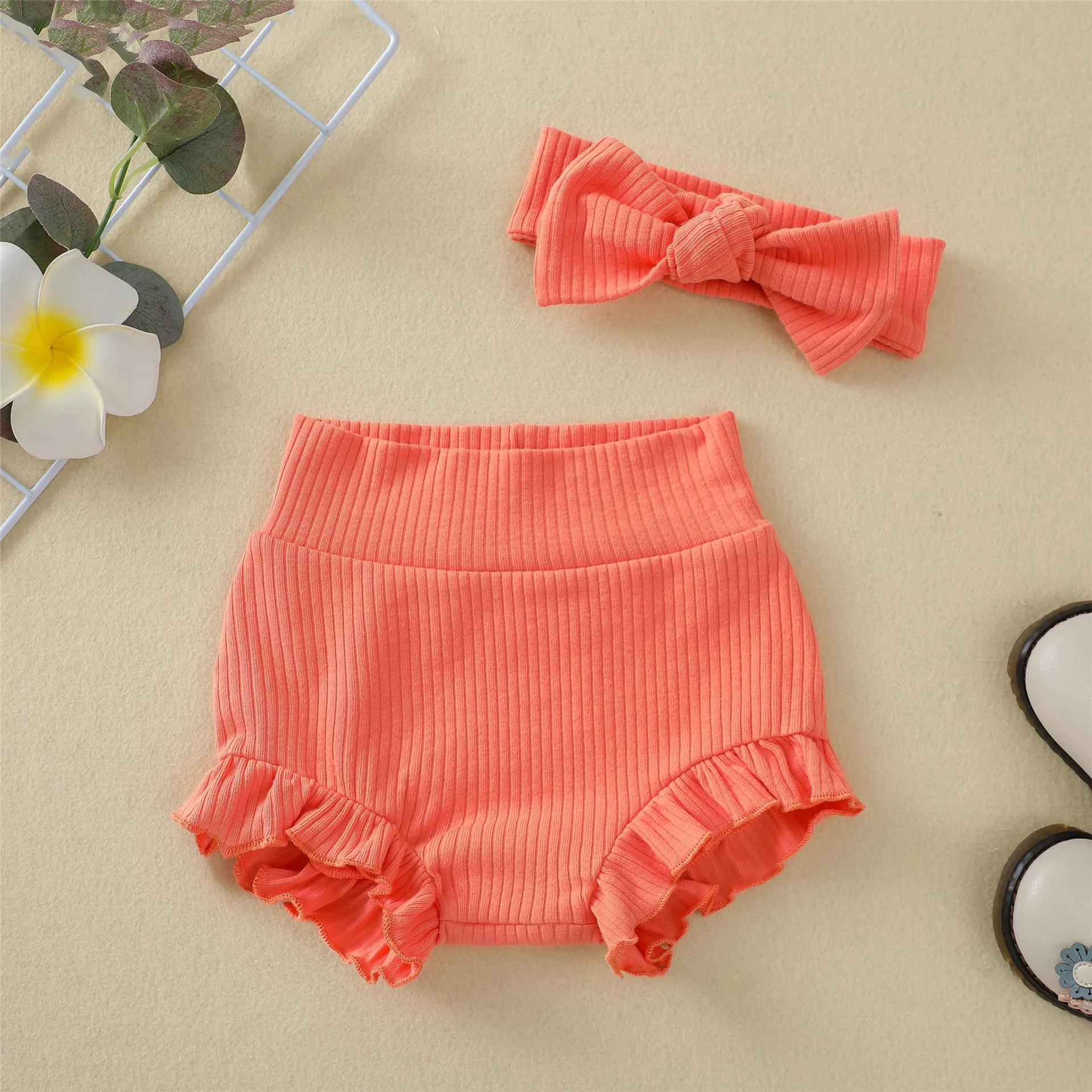 Matching high waist bloomer shorts and headband(Orange)(9-12m)