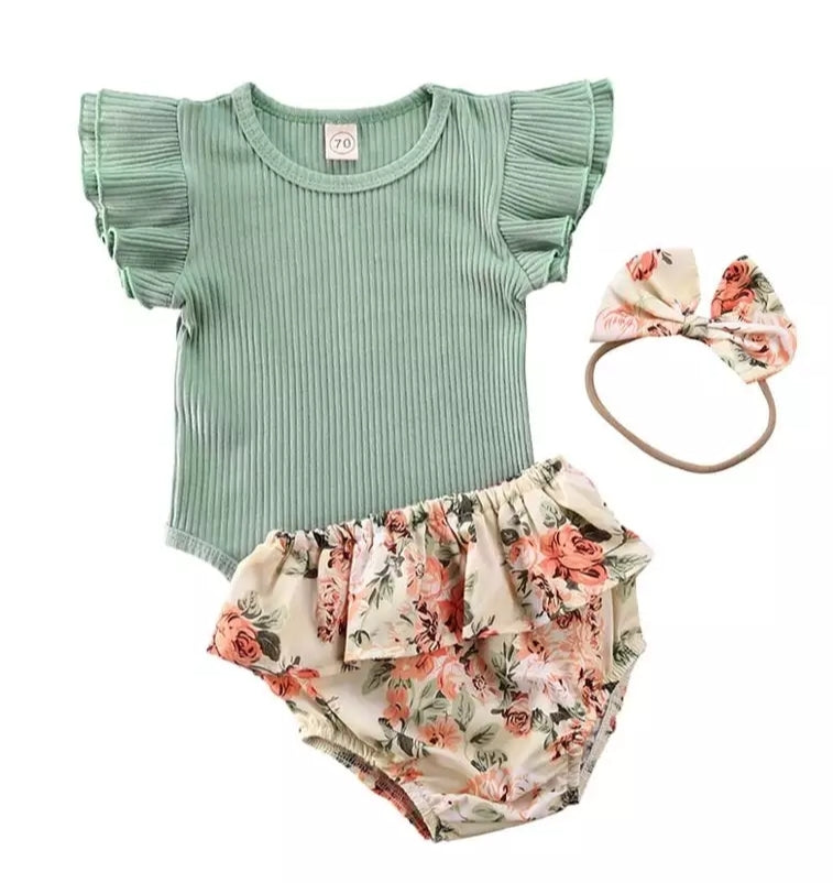 Mint Ruffle Sleeve Romper with Floral Bloomer and Headband - Image 2