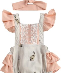 Peach grey easter bunny ruffle romper and headband
