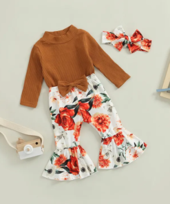 Alternative view of Rust turtleneck Ribbed Romper with matching floral flare pants and headband