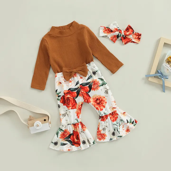 Rust turtleneck Ribbed Romper with matching floral flare pants and headband - Image 2