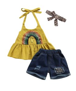 Rainbow heart flare top with denim shorts(6-7y)
