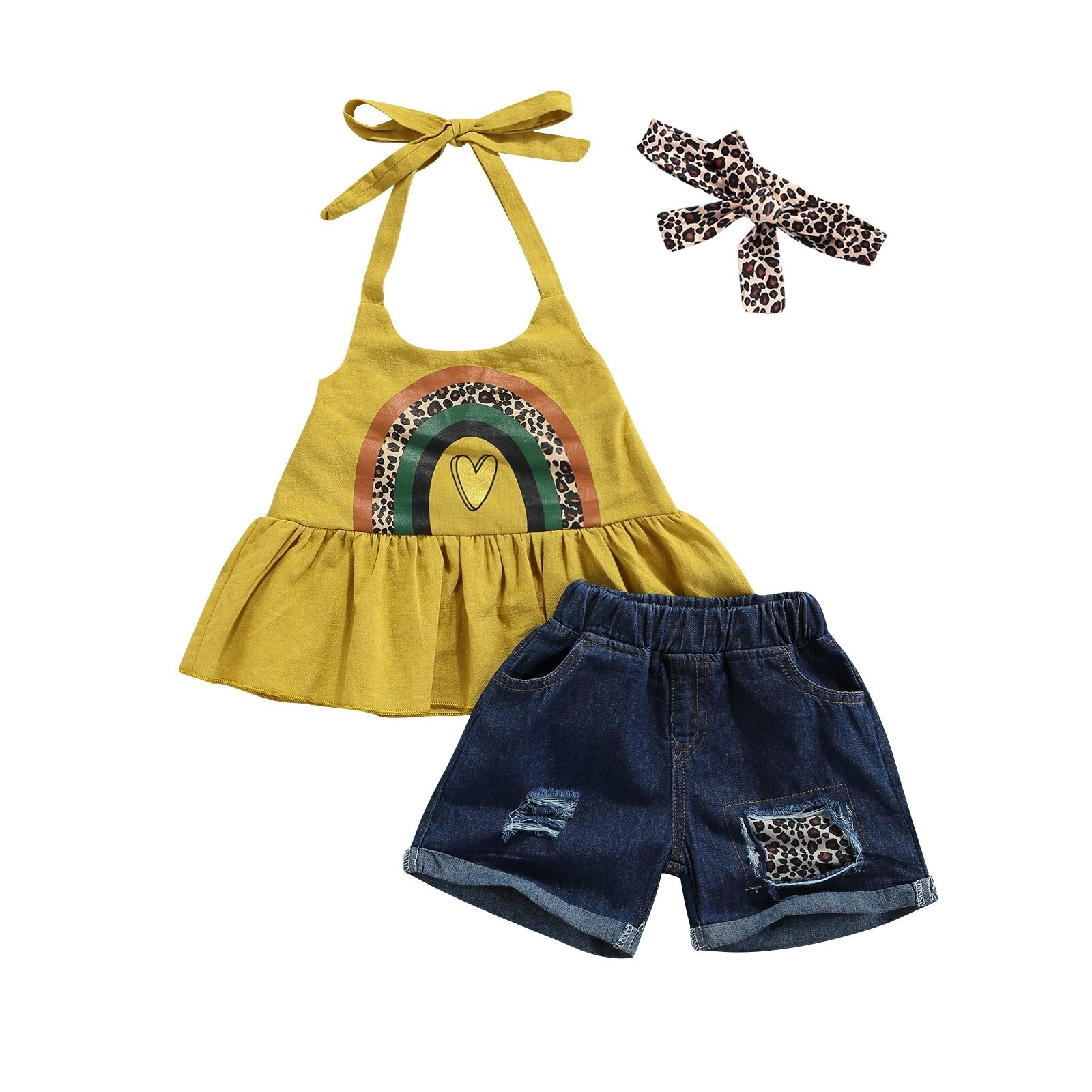 Rainbow heart flare top with denim shorts(6-7y)