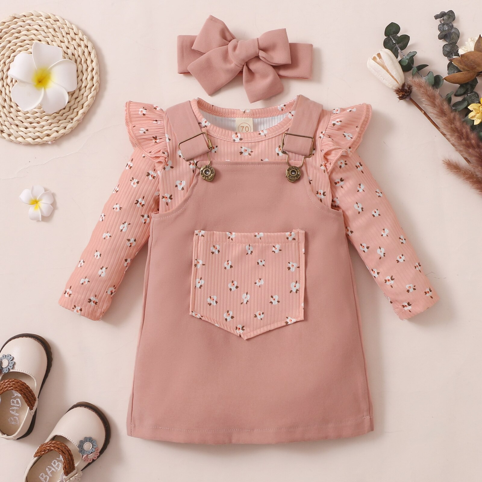 Ribbed longsleeve romper with matching pinafore and headband(18-24m) - Image 3
