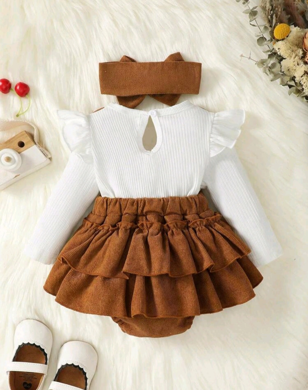 Ribbed White Romper with Brown Corduroy Suspended Bloomer - Image 4