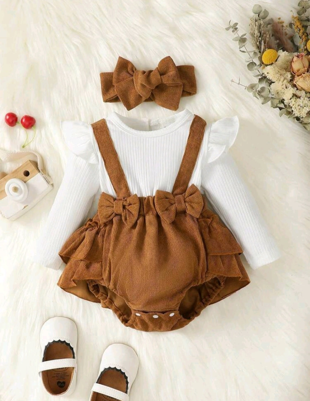 Ribbed White Romper with Brown Corduroy Suspended Bloomer - Image 3