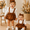 Ribbed White Romper with Brown Corduroy Suspended Bloomer