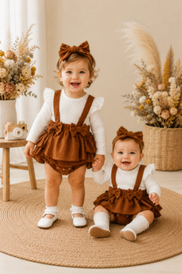 Ribbed White Romper with Brown Corduroy Suspended Bloomer