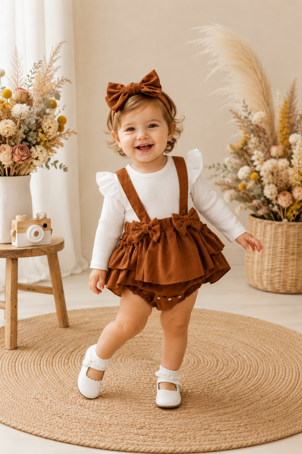 Ribbed White Romper with Brown Corduroy Suspended Bloomer - Image 2