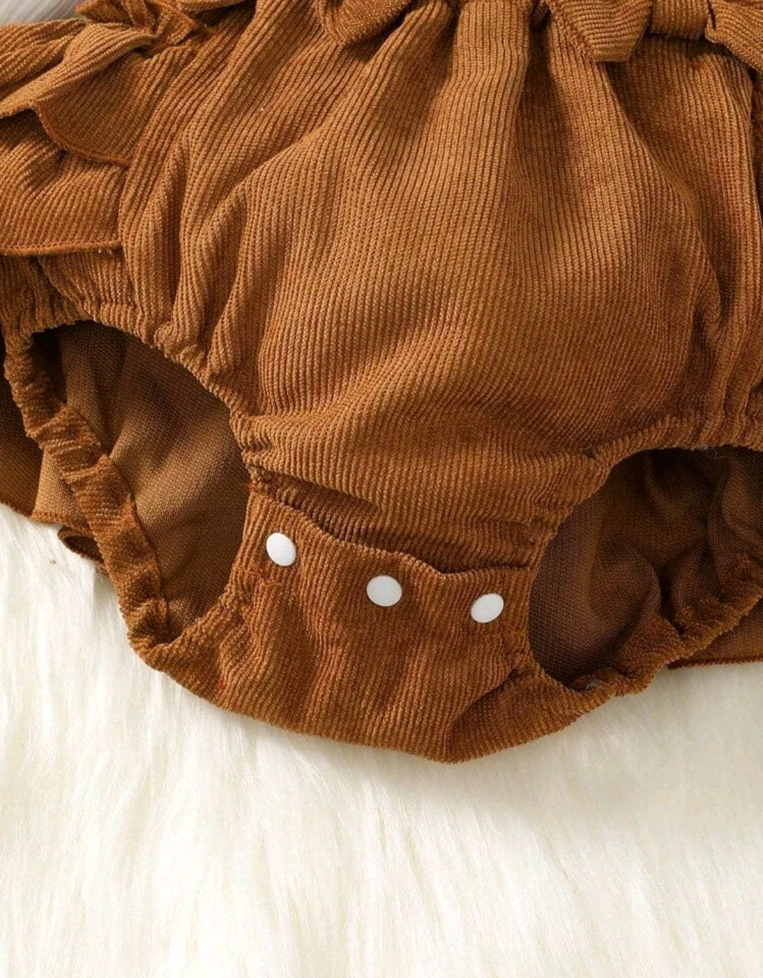 Ribbed White Romper with Brown Corduroy Suspended Bloomer - Image 5