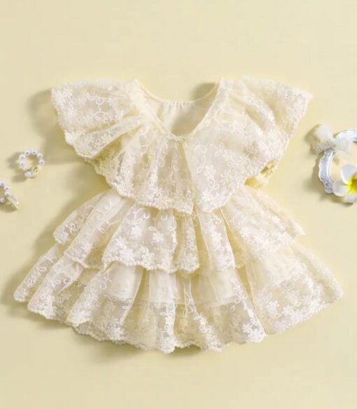Off White Ruffle Lace Dress - Image 3