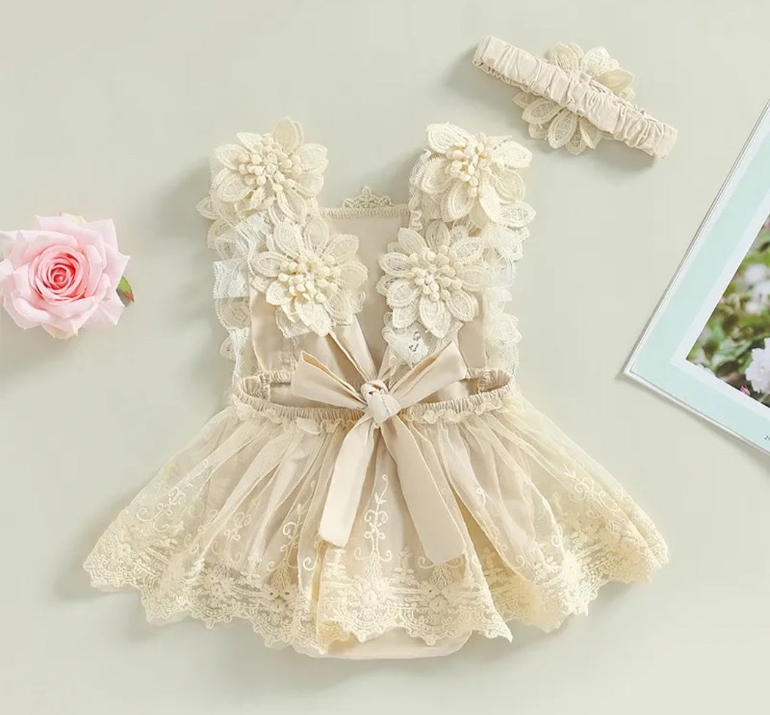 Floral Lace Off White Romper Dress - Image 3