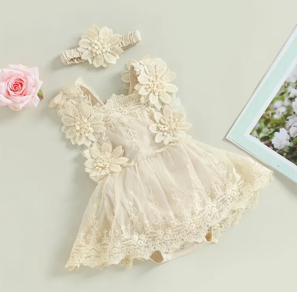 Floral Lace Off White Romper Dress - Image 2