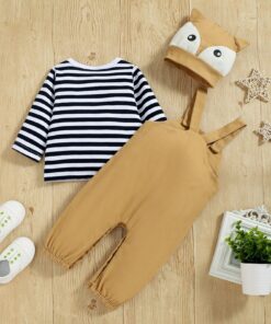Alternative view of Beige fox romper with matching hat and striped top(18-24m)