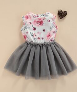Alternative view of Printed pink rose with grey tulle dress