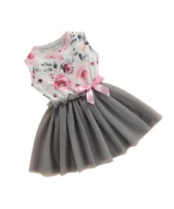 Printed pink rose with grey tulle dress