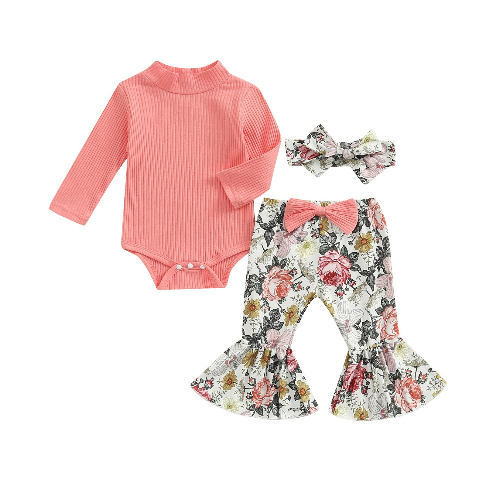 Pink turtleneck Ribbed Romper with matching floral flare pants and headband - Image 2