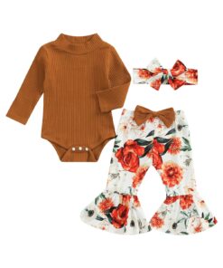 Rust turtleneck Ribbed Romper with matching floral flare pants and headband