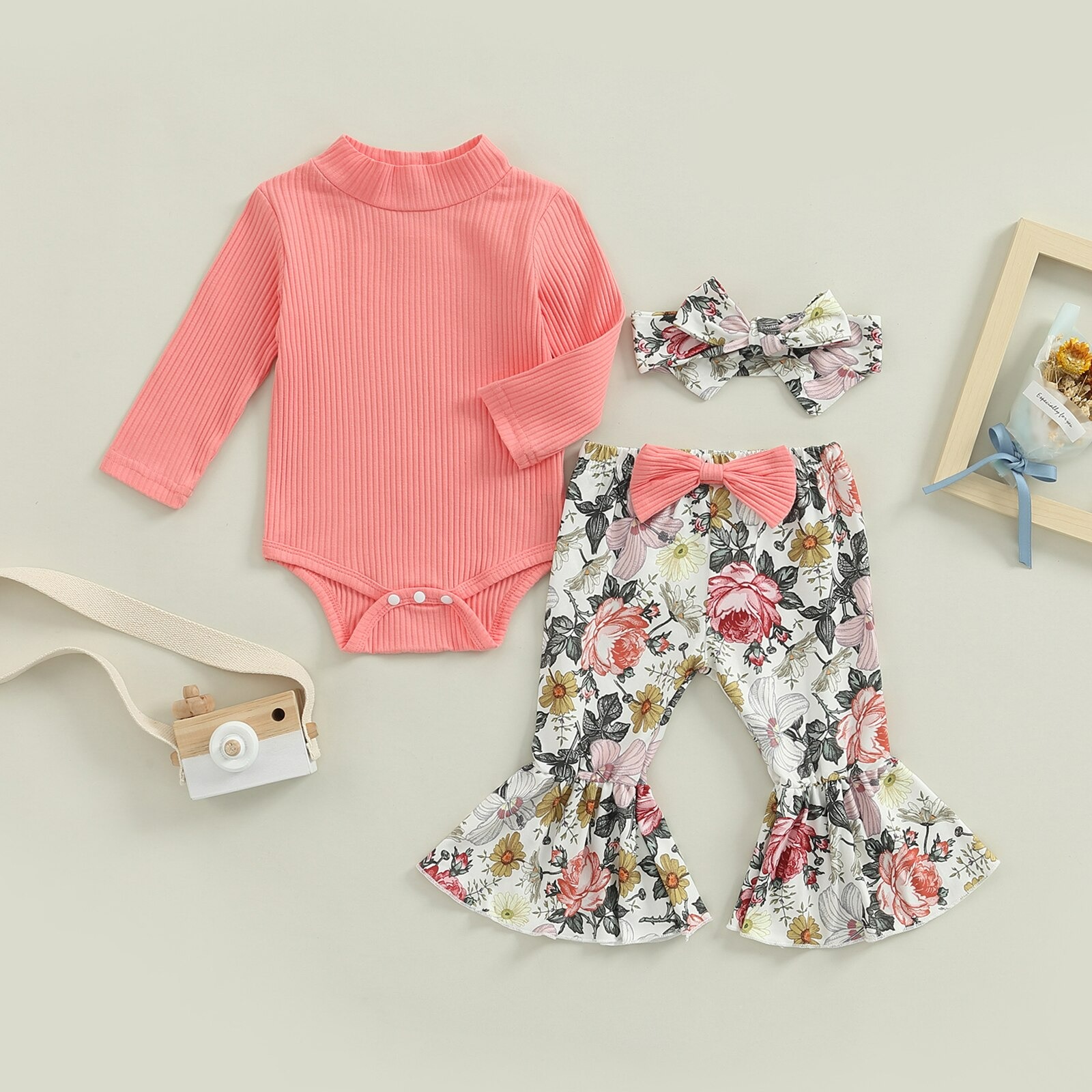 Pink turtleneck Ribbed Romper with matching floral flare pants and headband