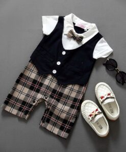 Navy Checked Gentleman Romper Jumpsuit