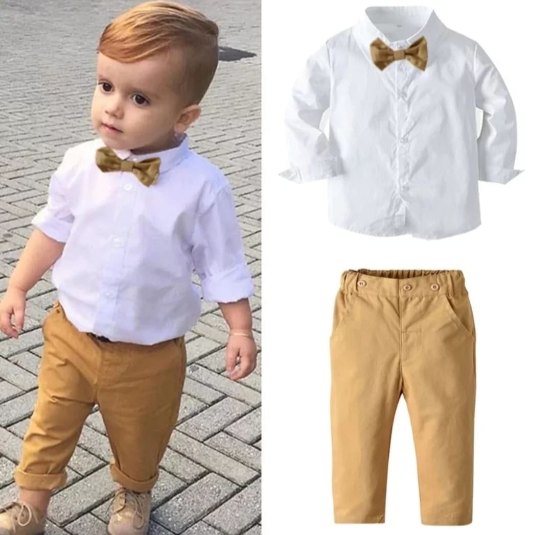 Gentleman Suit White Long Sleeve Shirt, Chino Pants and Bowtie