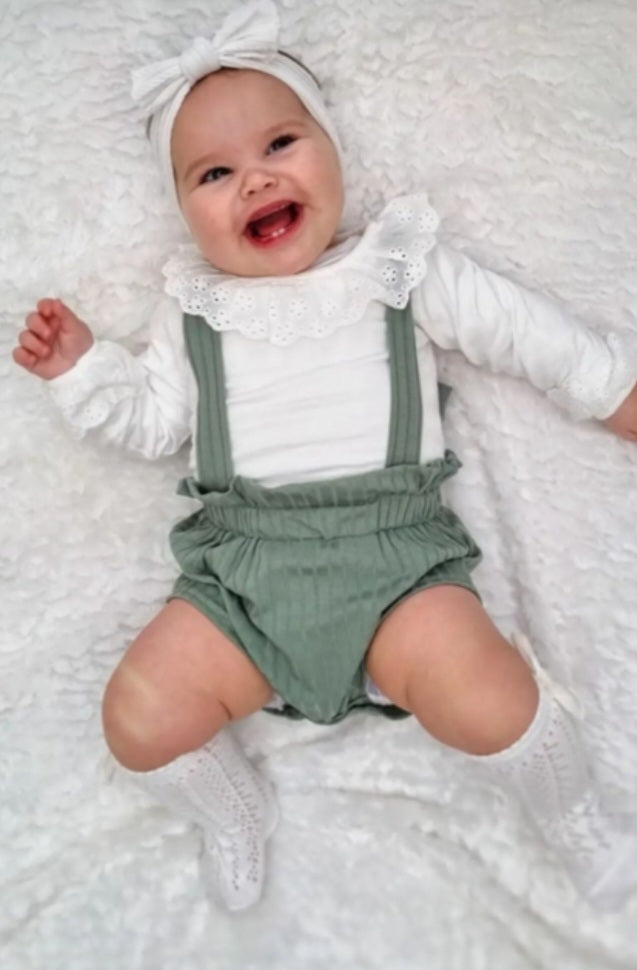 White Romper with Lace Neckline and Mint Green Overalls - Image 8