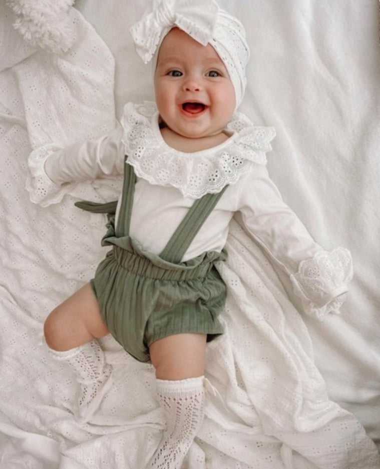 White Romper with Lace Neckline and Mint Green Overalls - Image 3