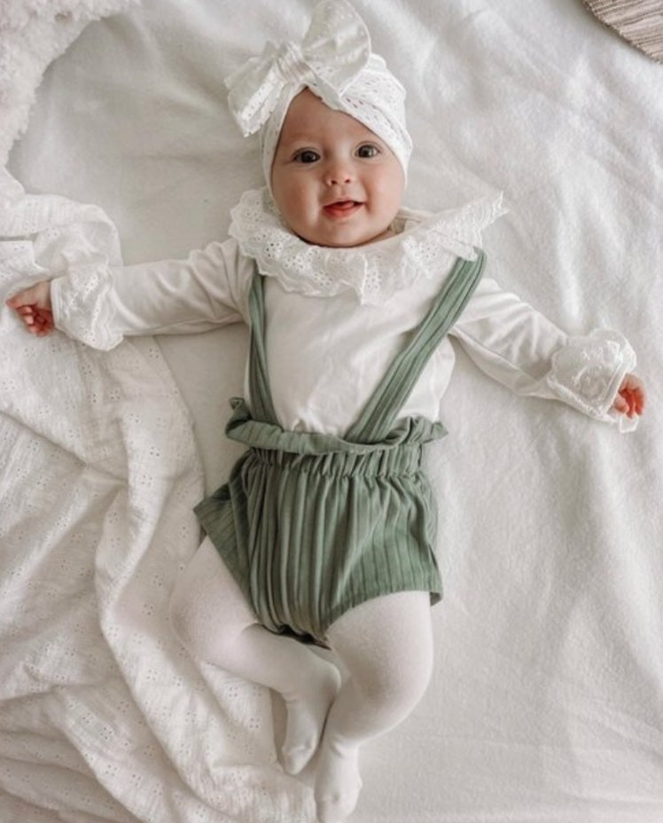 White Romper with Lace Neckline and Mint Green Overalls - Image 4