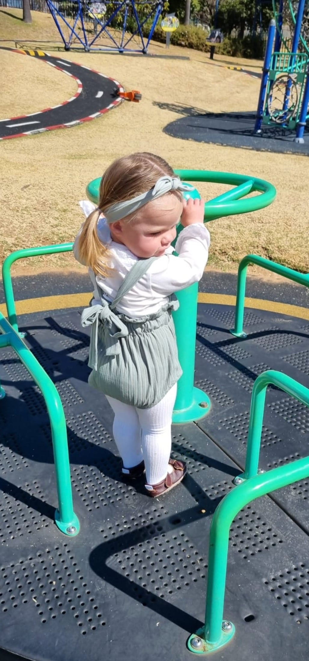 White Romper with Lace Neckline and Mint Green Overalls - Image 5