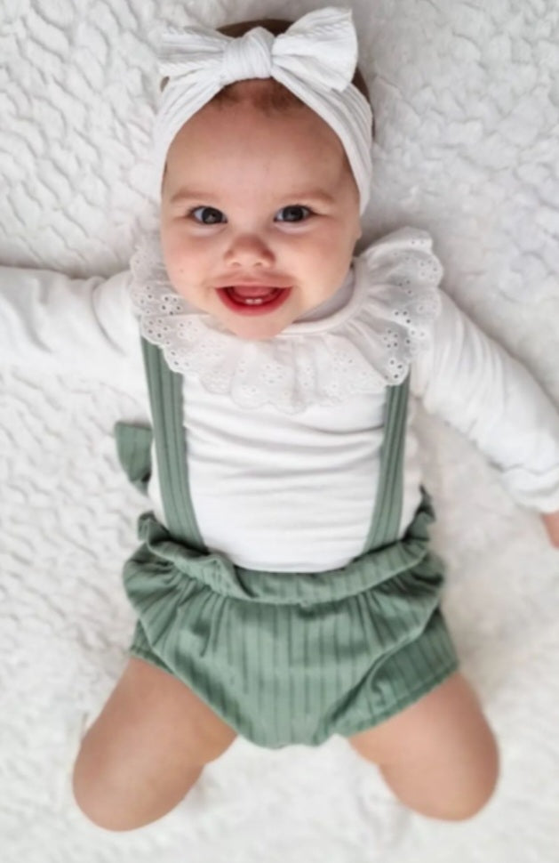 White Romper with Lace Neckline and Mint Green Overalls - Image 2
