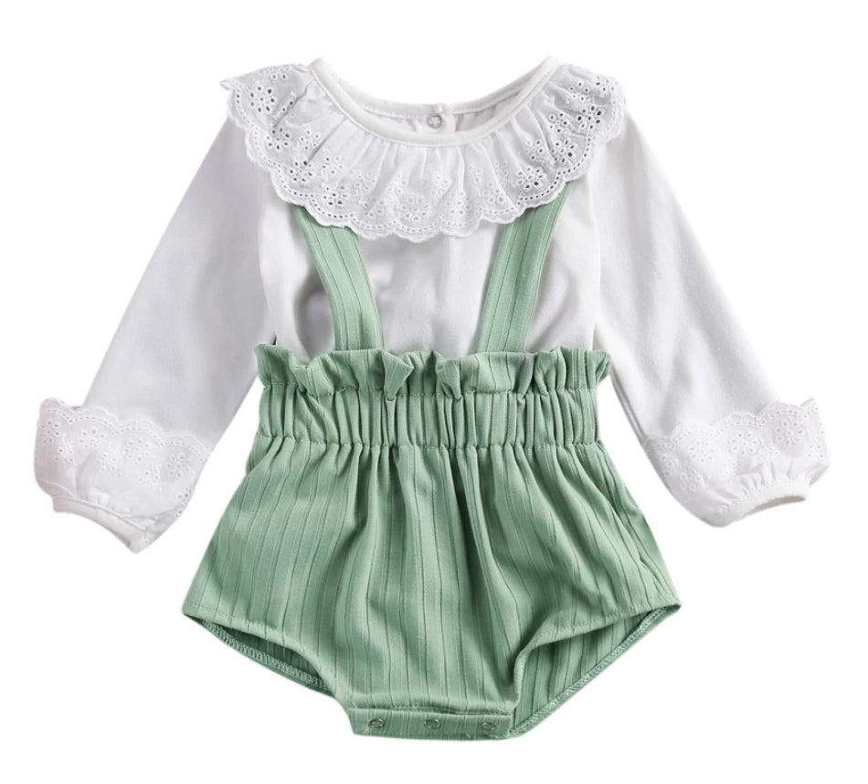 White Romper with Lace Neckline and Mint Green Overalls - Image 7