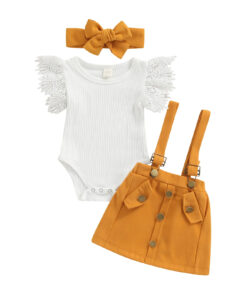 White romper with mustard skirt and headband