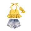 Yellow halter top with headband and denim shorts