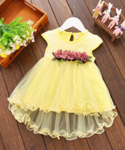 Yellow Lace Ruffle Hem Dress with Clip on Floral Detail